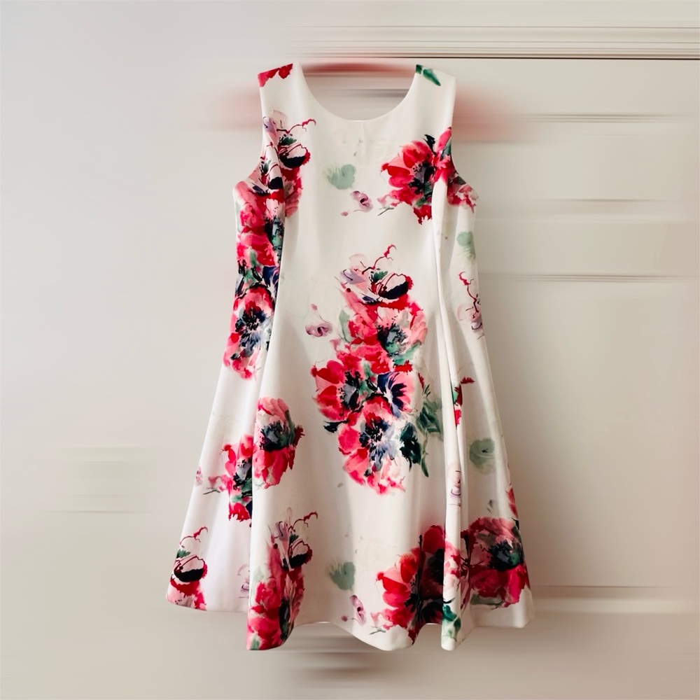 DKNY Sleeveless Dress w/ Pockets, Size 14 Scuba White Pink Floral Print, Wedding